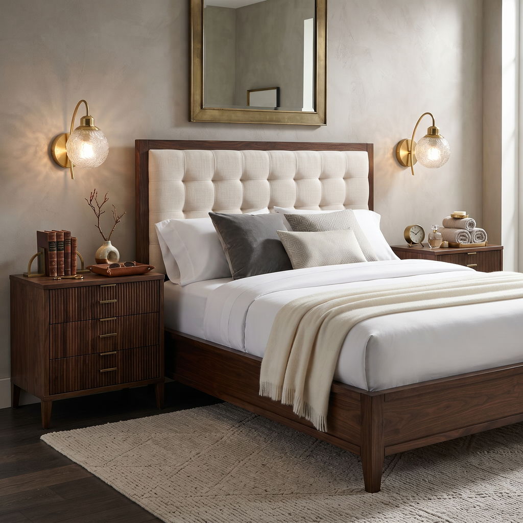 Pair of Modern Brass Globe Sconces Flanking Bedroom Bed
