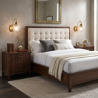 Pair of Modern Brass Globe Sconces Flanking Bedroom Bed