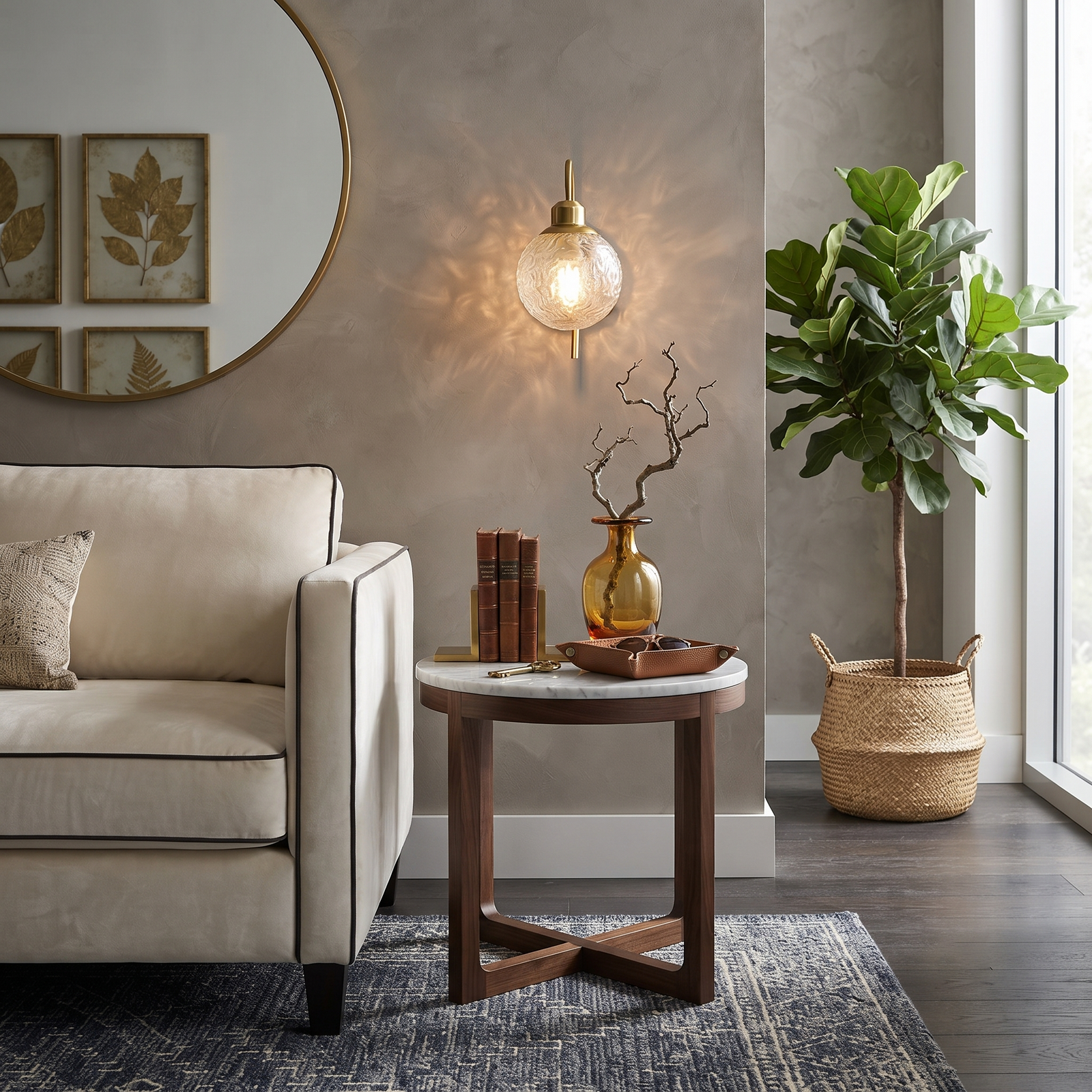 Modern Brass Globe Wall Sconce Over Living Room Side Table