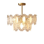 Modern Brass and Oval Art Glass Semi-Flush Mount Chandelier with Gold Canopy on Pure White Background