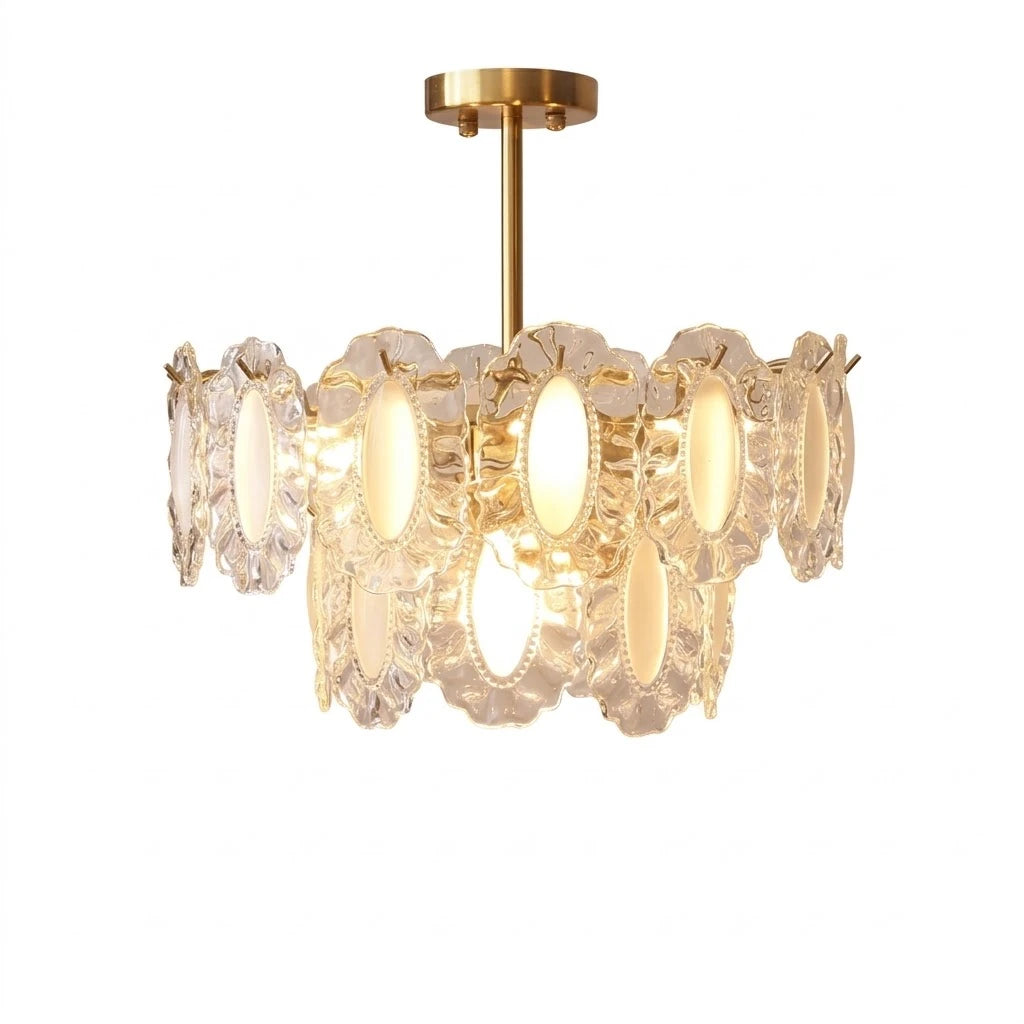Modern Brass and Oval Art Glass Semi-Flush Mount Chandelier with Gold Canopy on Pure White Background