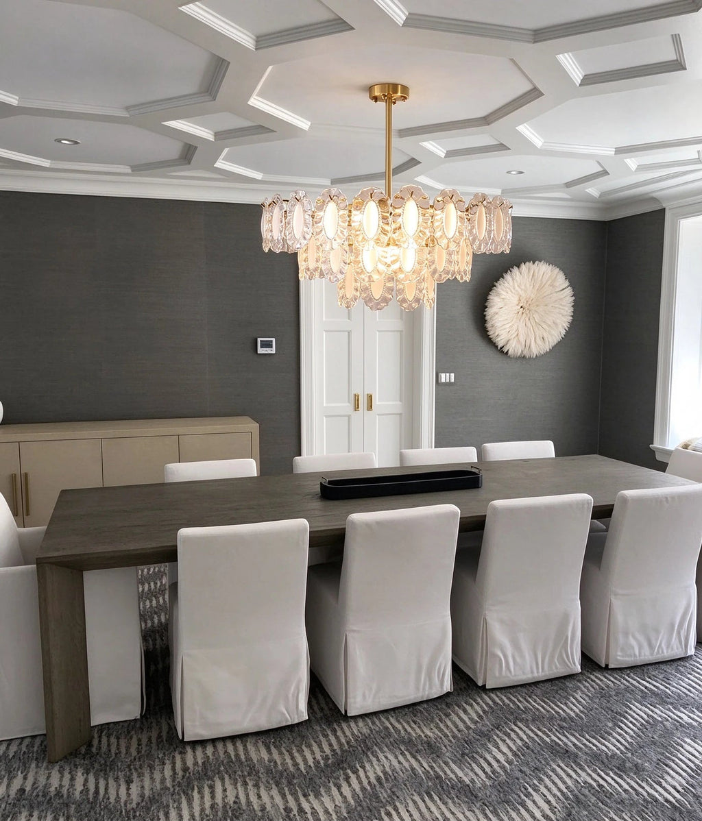 Modern Brass Oval Art Glass Chandelier in Luxury Dining Area