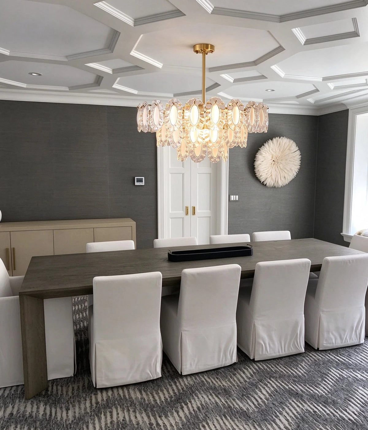 Modern Brass Oval Art Glass Chandelier in Luxury Dining Area