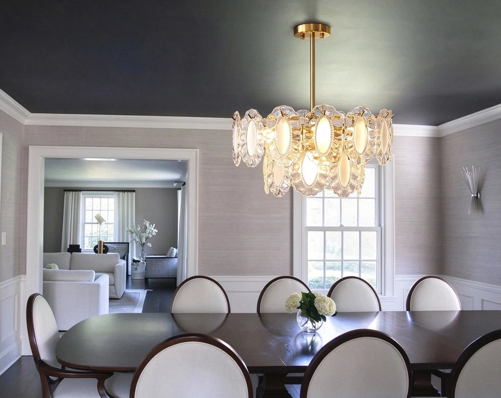 Modern Brass Oval Art Glass Chandelier in Luxury Dining Room