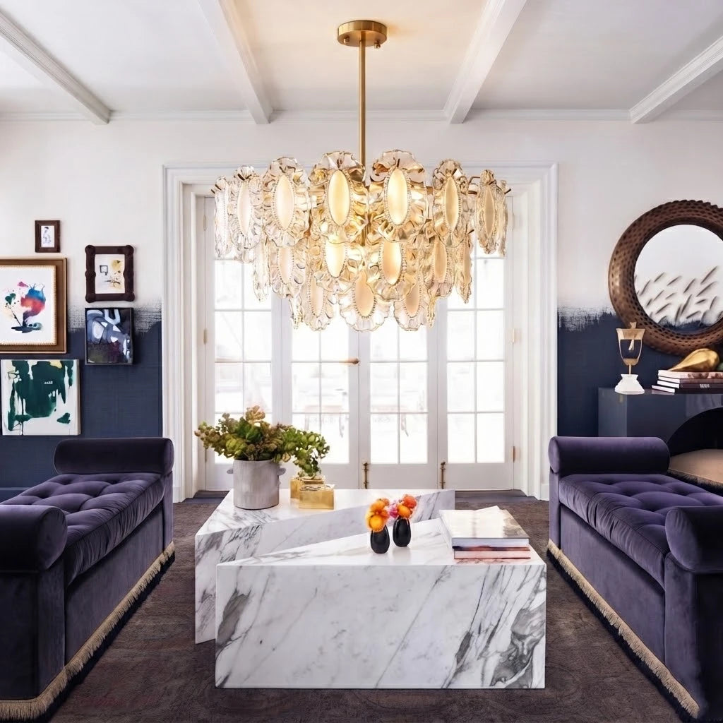 Modern Brass Oval Art Glass Chandelier in Formal Living Room