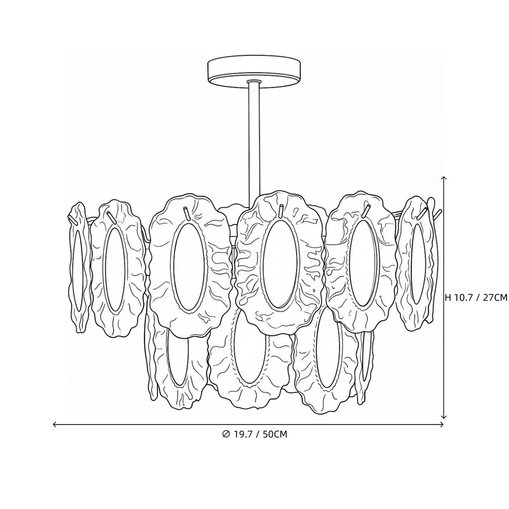 Modern Oval Art Glass Semi-Flush Mount Chandelier Line Art Dimension Diagram
