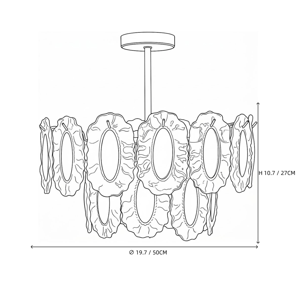 Modern Oval Art Glass Semi-Flush Mount Chandelier Line Art Dimension Diagram