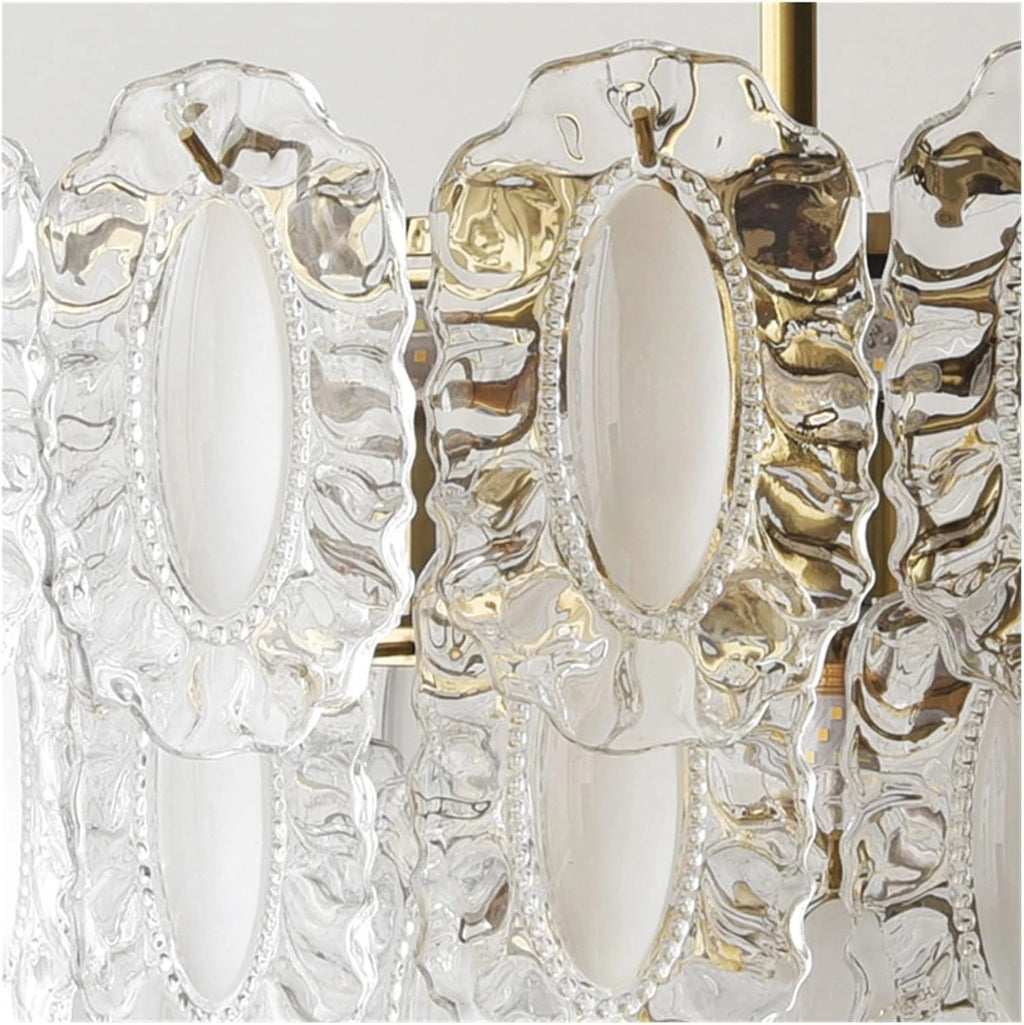 Angled View of Modern Brass Oval Art Glass Semi-Flush Mount Chandelier Studio Display