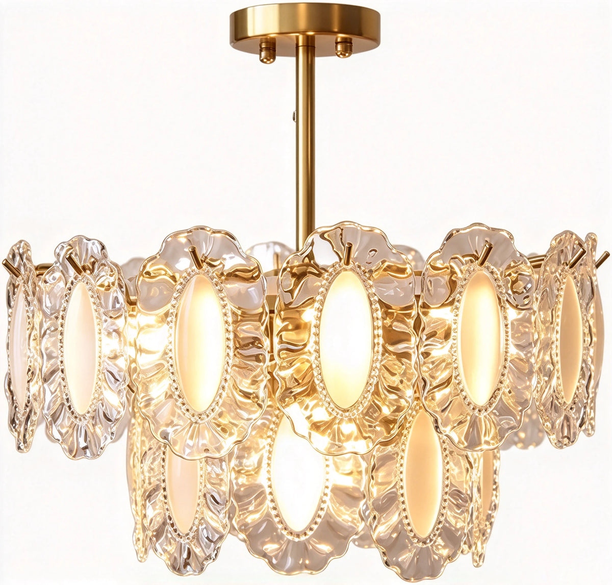 Illuminated Modern Brass Oval Art Glass Semi-Flush Mount Chandelier Studio Shot