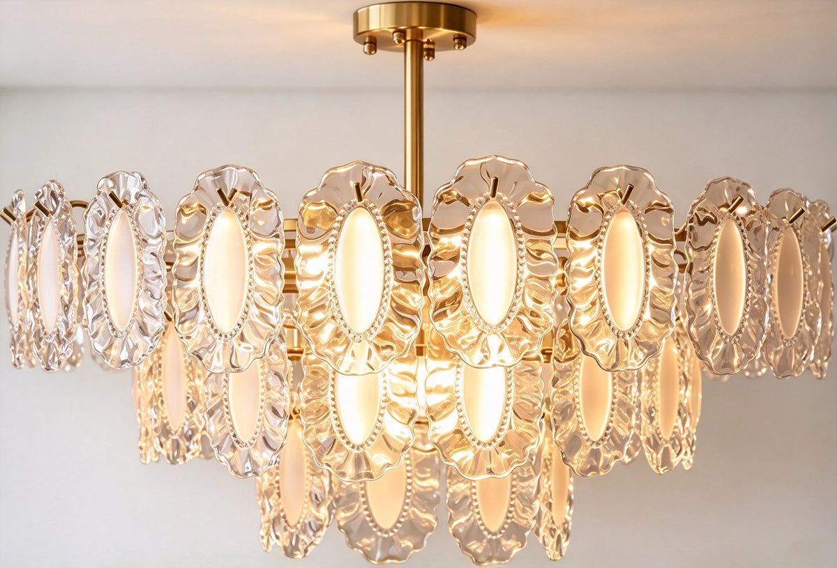 Front View of Modern Brass Oval Art Glass Semi-Flush Mount Chandelier Studio Shot