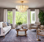 Modern Brass Oval Art Glass Chandelier in Bright Living Room Setting
