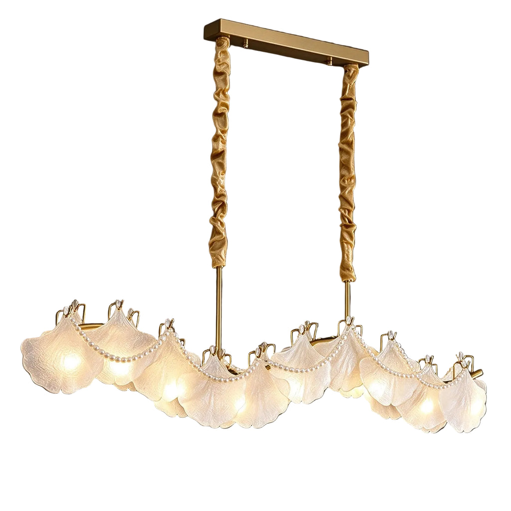 Modern Brass and Wave Art Glass Linear Chandelier with Pearl Strand and Gold Canopy on Pure White Background