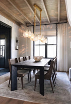 Modern Brass Wave Art Glass Linear Chandelier with Pearls in Bright Dining Room