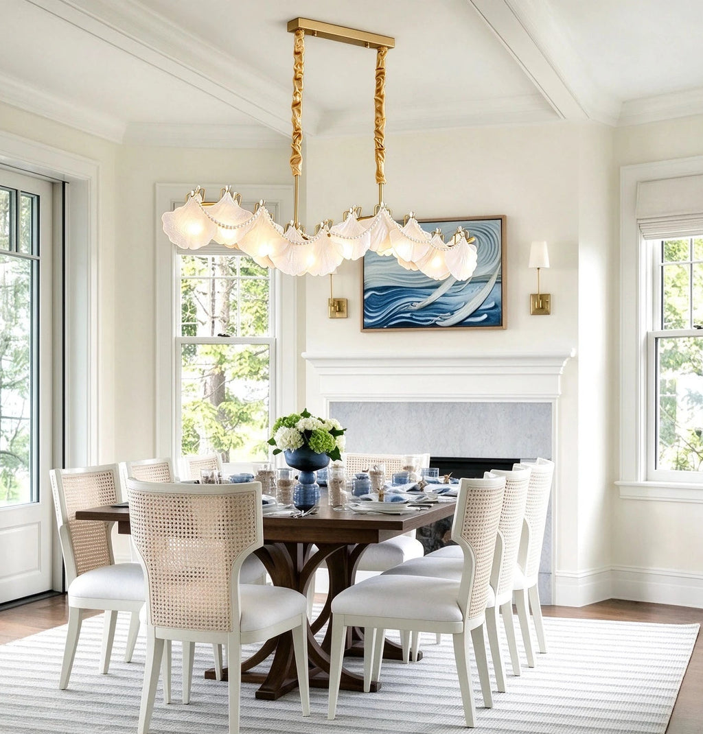 Modern Wave Art Glass Linear Chandelier with Pearl Strand in Open Plan Dining Setting