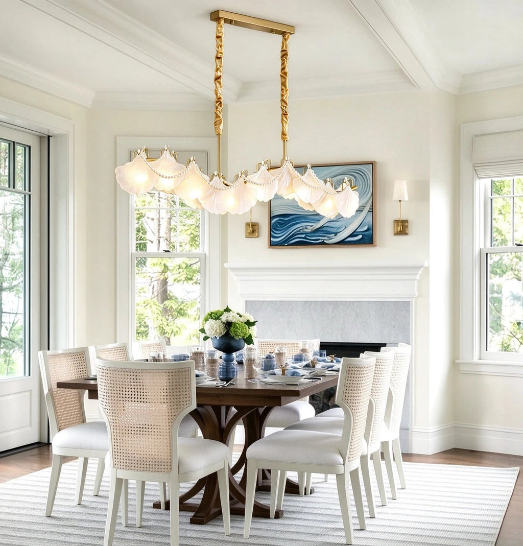 Modern Brass Wave Art Glass Linear Chandelier with Pearls in Contemporary Dining Space