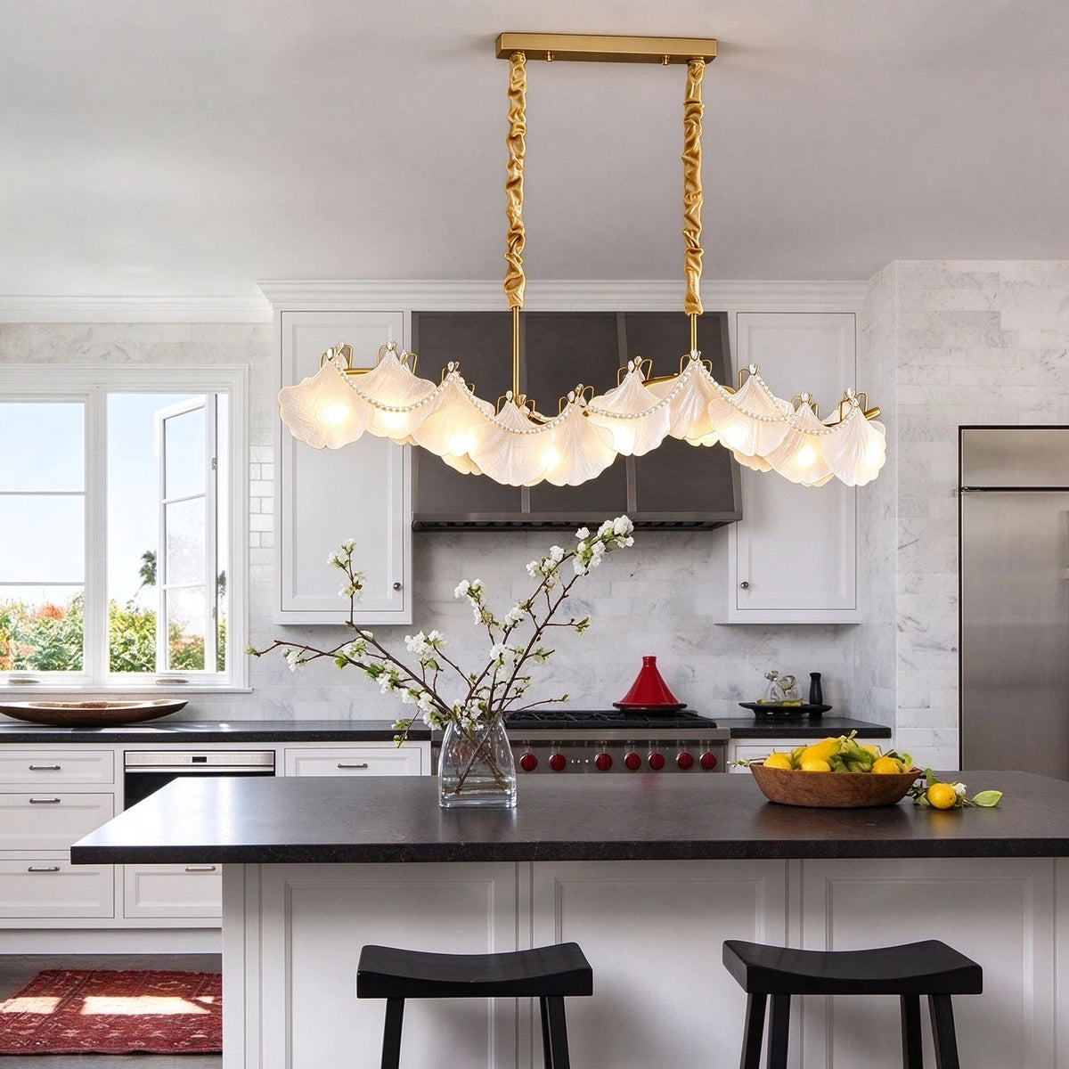 Modern Wave Art Glass Linear Chandelier with Pearl Strand Over Kitchen Breakfast Bar