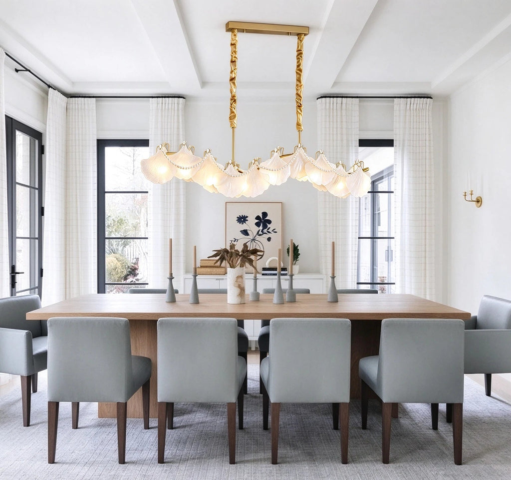 Modern Brass Wave Art Glass Linear Chandelier with Pearls in Classic Dining Setting