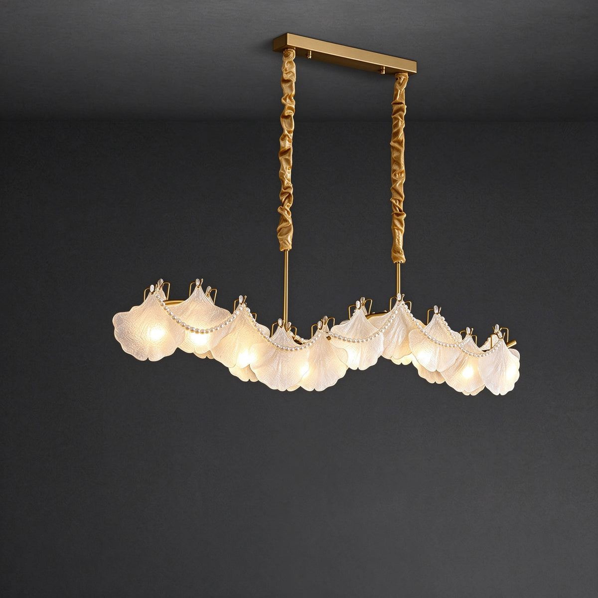 Illuminated Modern Wave Art Glass Linear Chandelier with Pearls Studio Display on Black Background