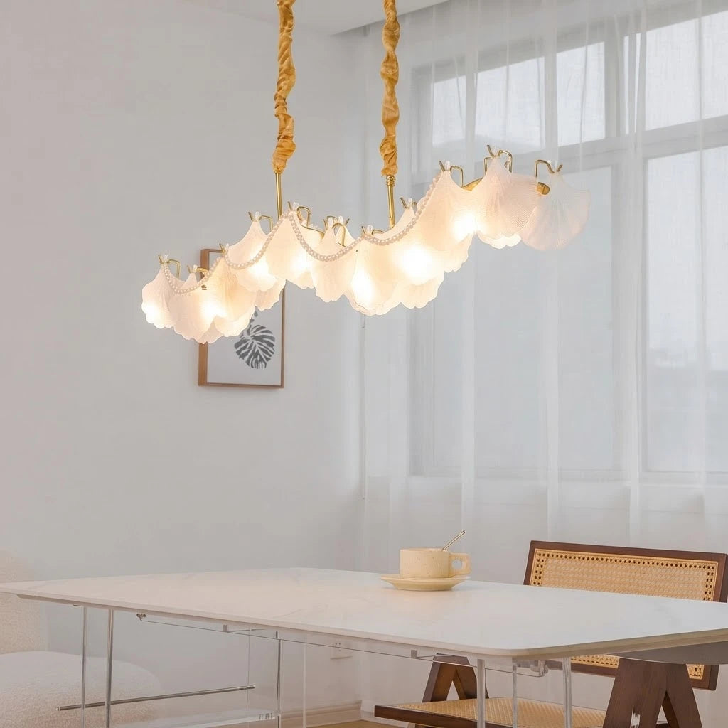 Modern Wave Art Glass Linear Chandelier with Pearl Strand in Minimalist Dining Room