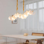 Modern Wave Art Glass Linear Chandelier with Pearl Strand in Minimalist Dining Room