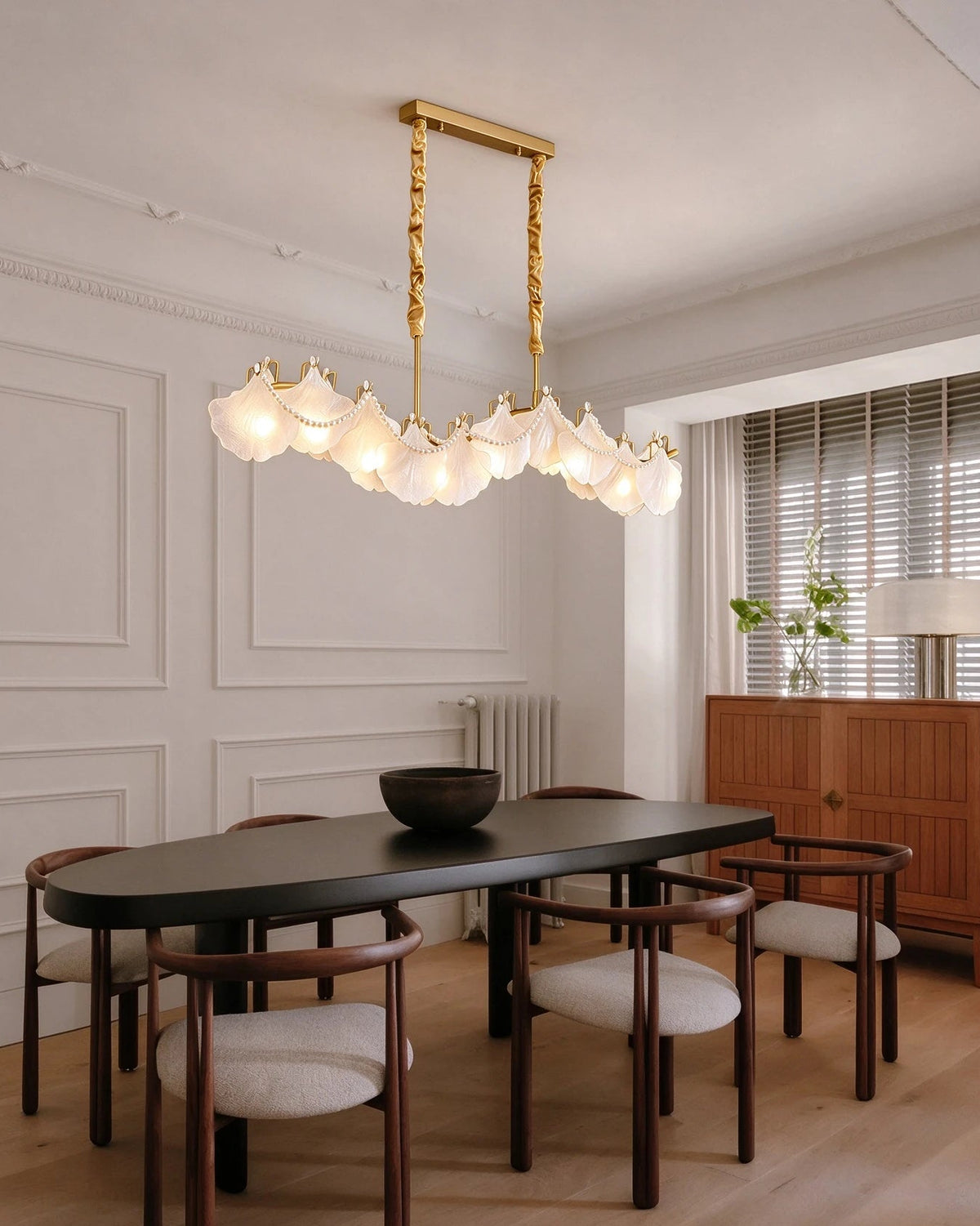 Modern Wave Art Glass Linear Chandelier with Pearl Strand in Minimalist Dining Room