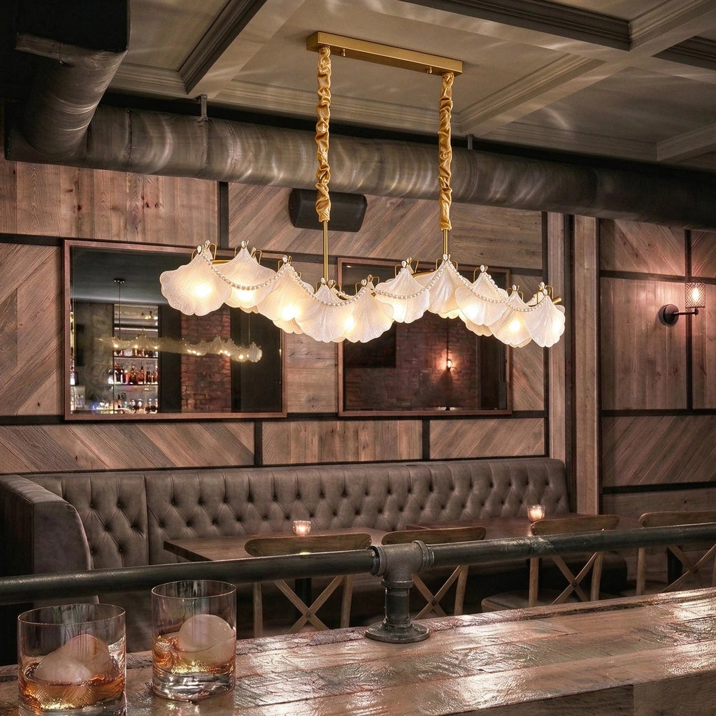 Modern Brass Wave Art Glass Linear Chandelier with Pearls in Retro Lounge Bar Setting