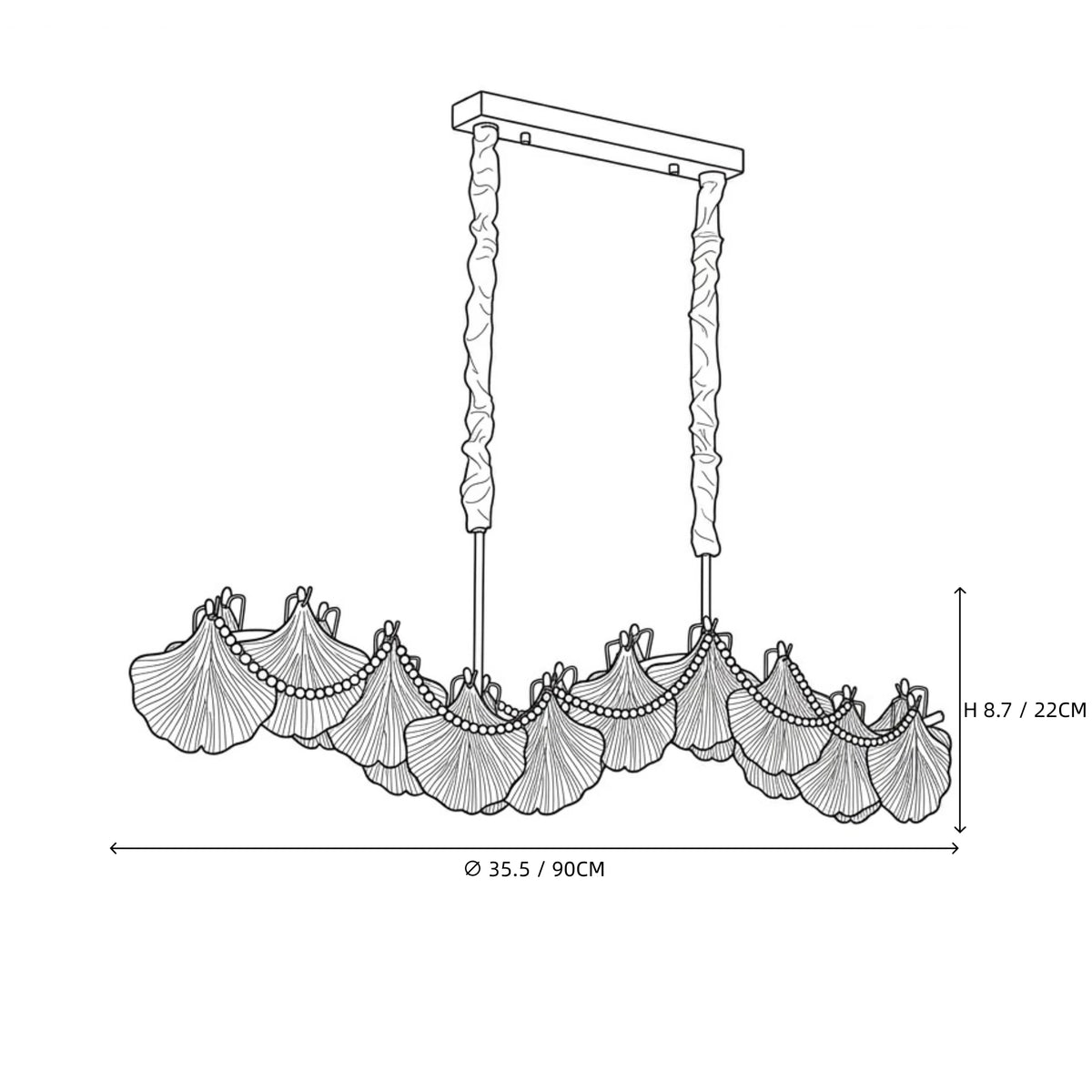 Modern Wave Art Glass Linear Chandelier with Pearl Strand Line Art Dimension Diagram