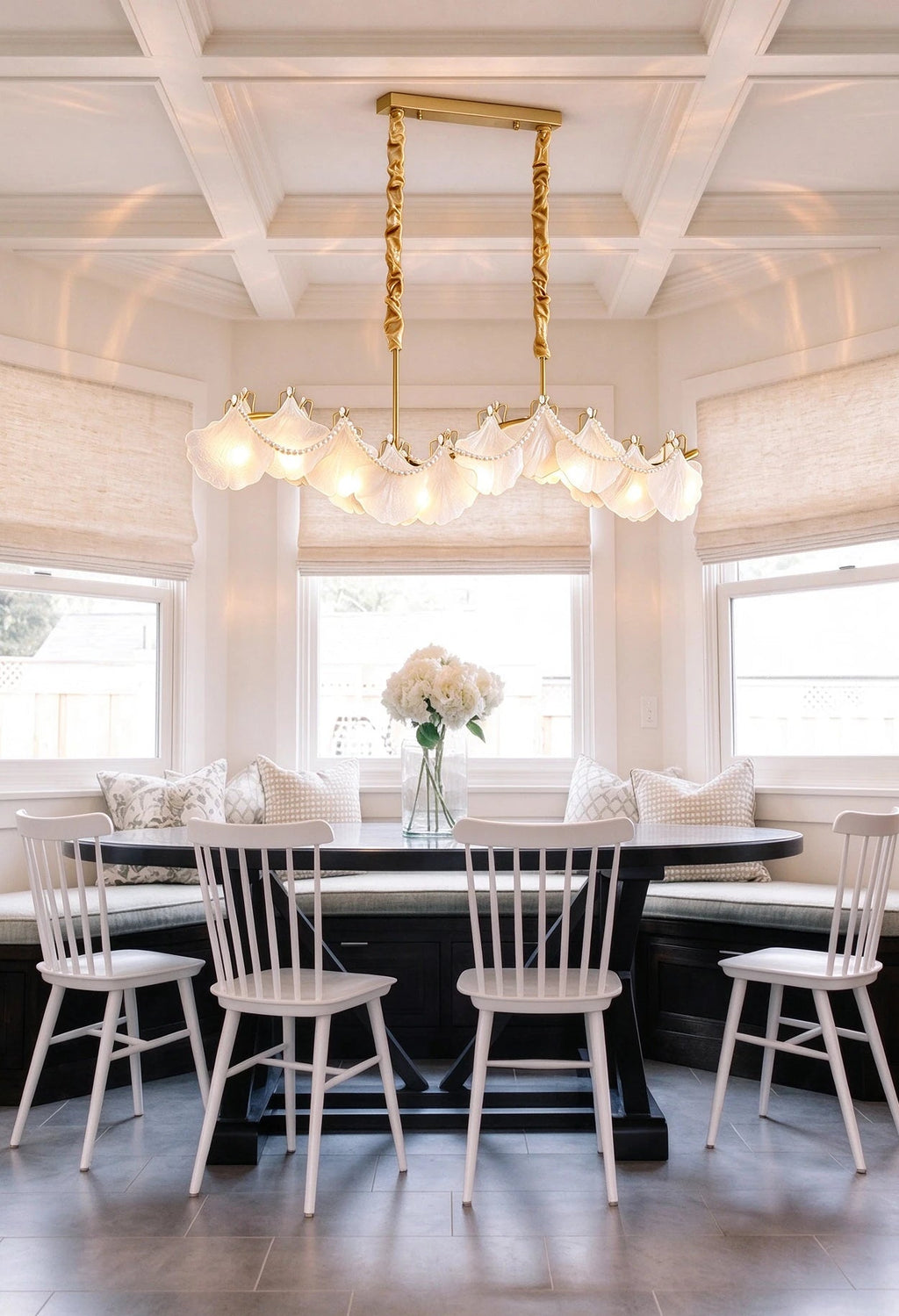 Modern Wave Art Glass Linear Chandelier with Pearl Strand Over Dining Nook