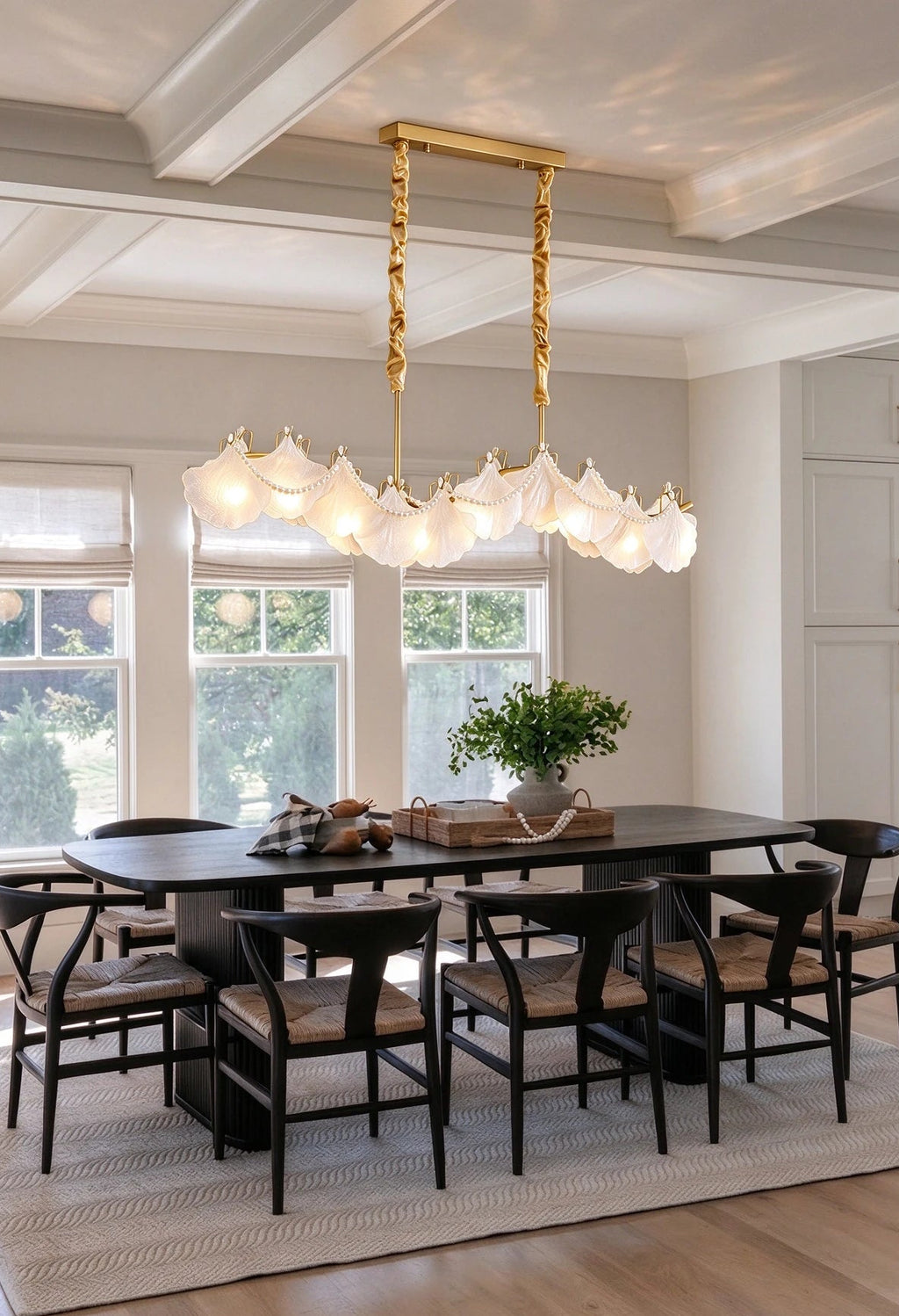 Modern Brass Wave Art Glass Linear Chandelier with Pearls in Formal Dining Room