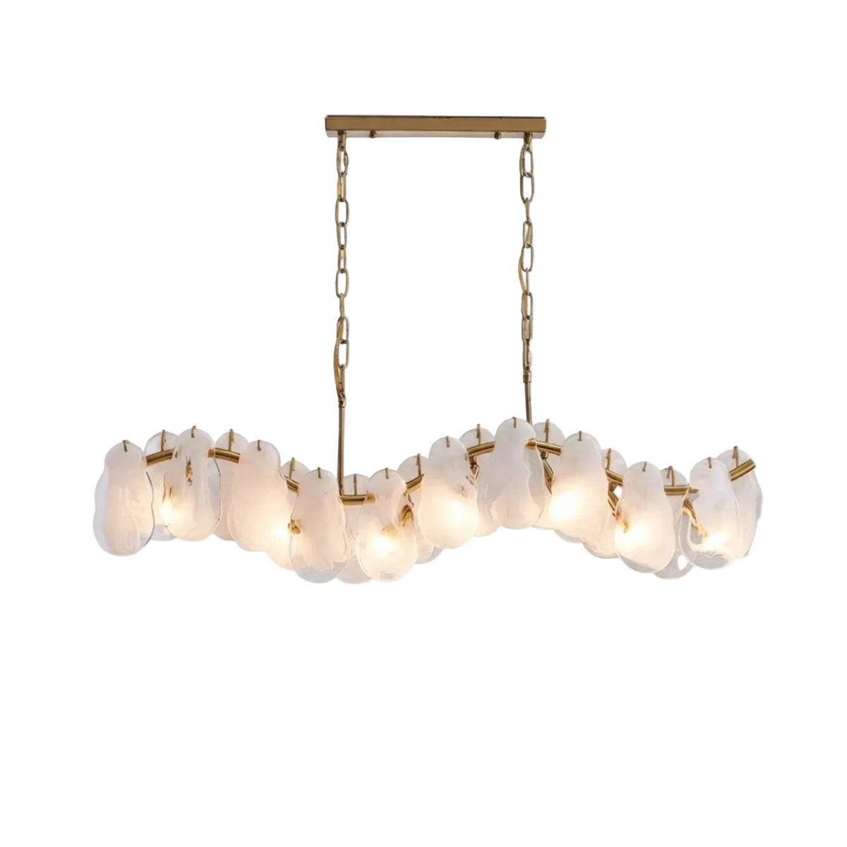 Modern Brass and Feather Wave Art Glass Linear Chandelier with Gold Canopy on Pure White Background