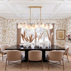 Modern Brass Feather Wave Art Glass Linear Chandelier in Formal Dining Room