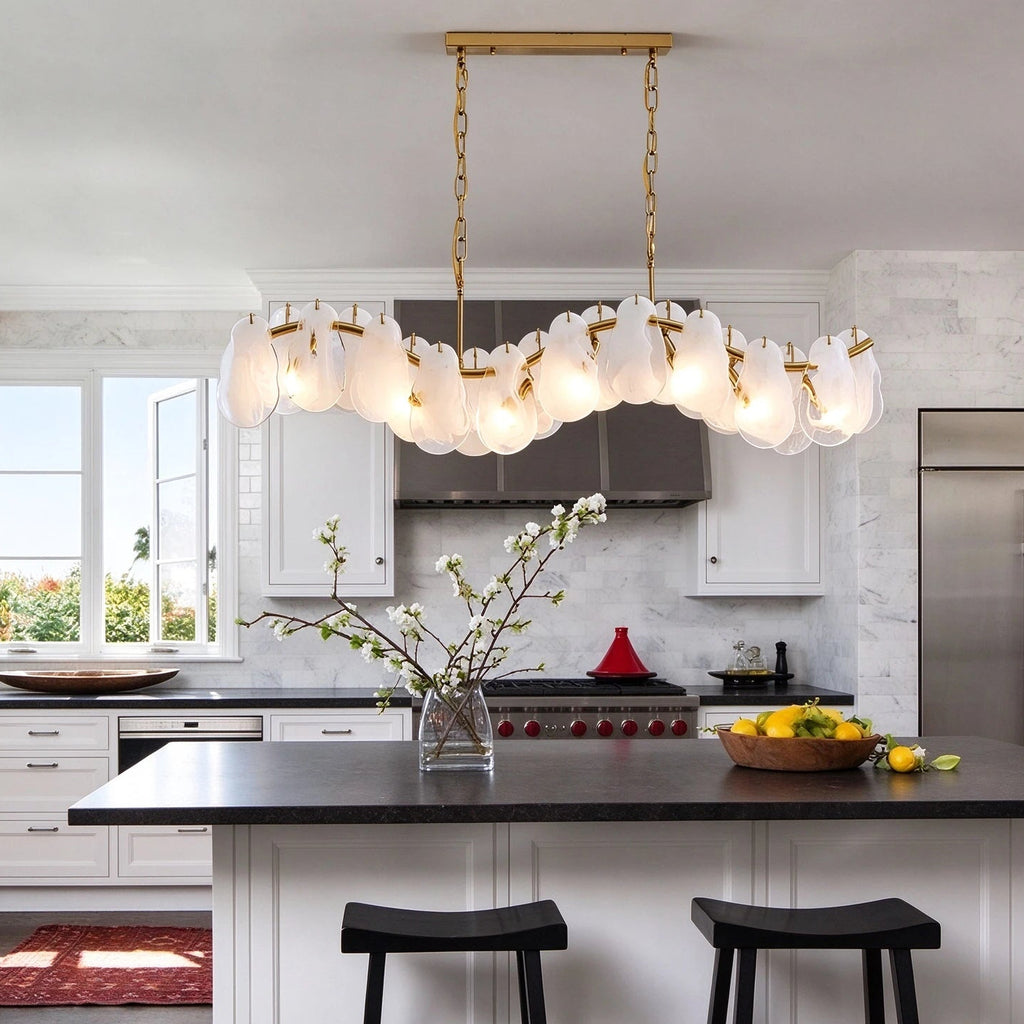 Modern Brass Feather Wave Art Glass Linear Chandelier Over Kitchen Island