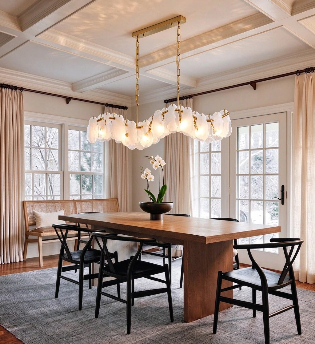 Modern Feather Wave Art Glass Linear Chandelier in Contemporary Dining Space