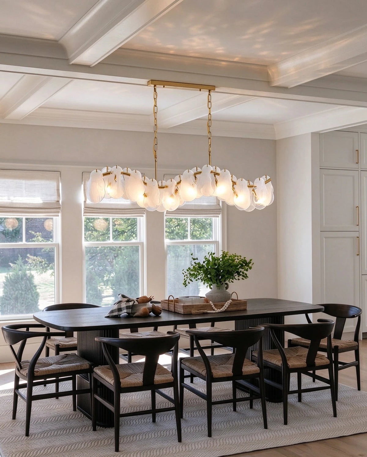 Modern Brass Feather Wave Art Glass Linear Chandelier in Classic Dining Setting