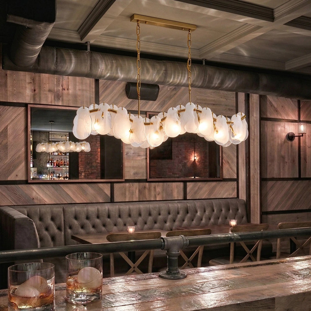 Modern Feather Wave Art Glass Linear Chandelier in Retro Lounge Bar Setting