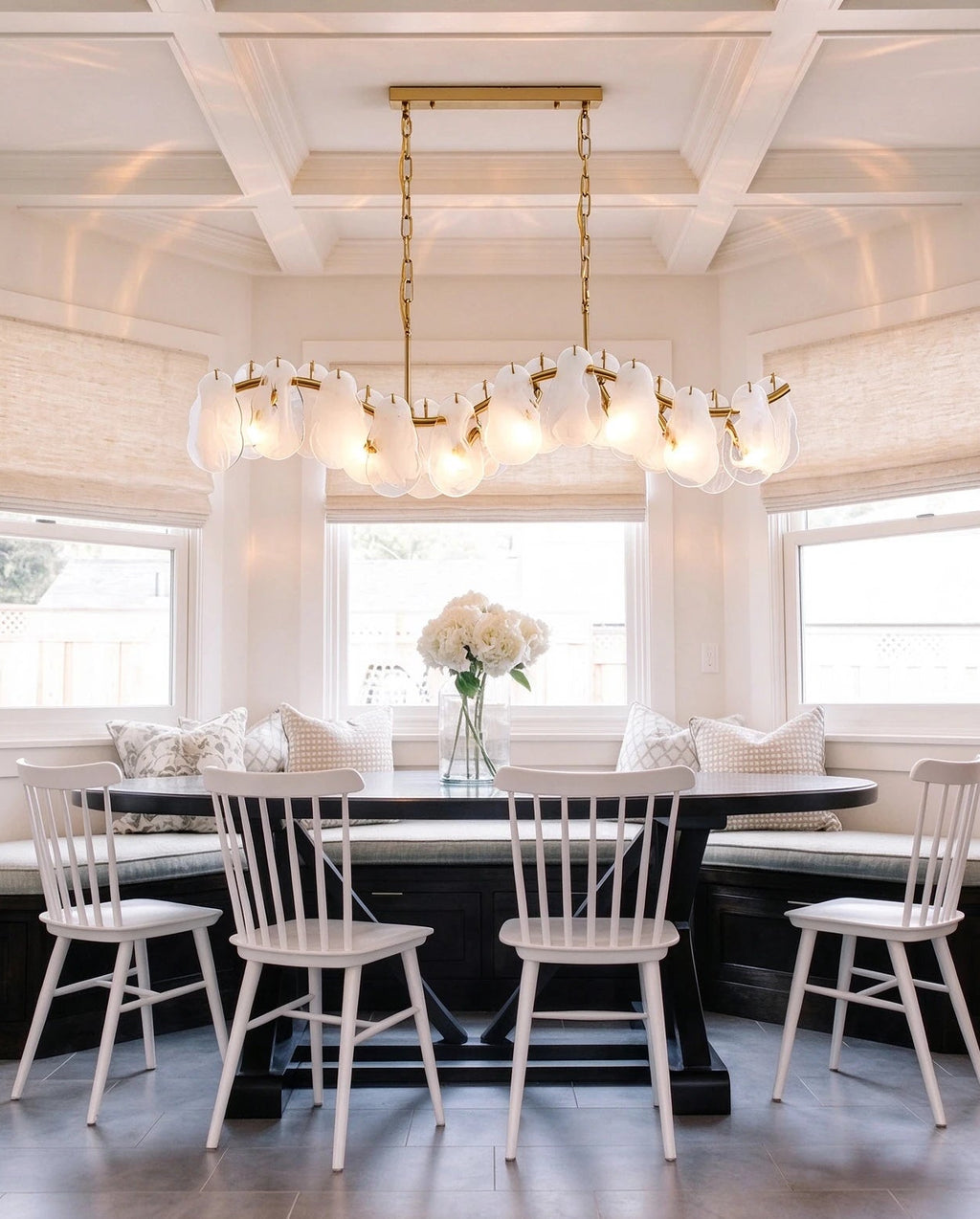 Modern Brass Feather Wave Art Glass Linear Chandelier Over Dining Nook