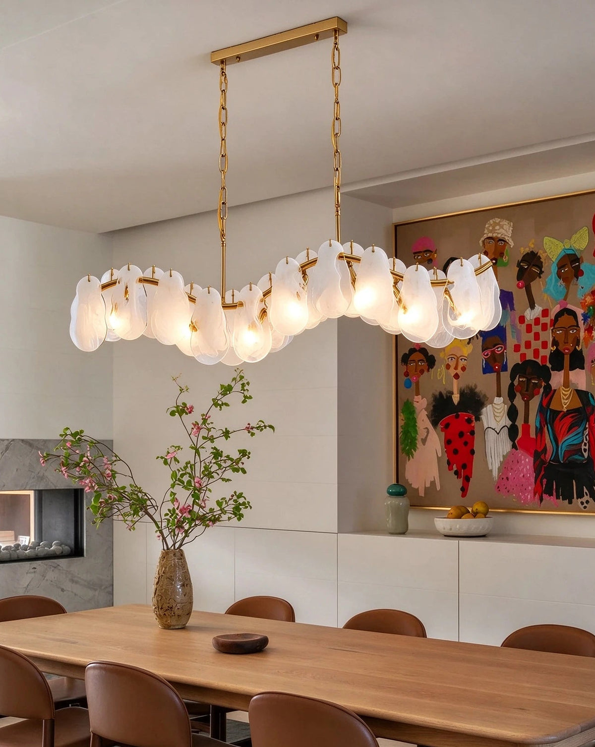 Modern Feather Wave Art Glass Linear Chandelier in Stylish Dining Room