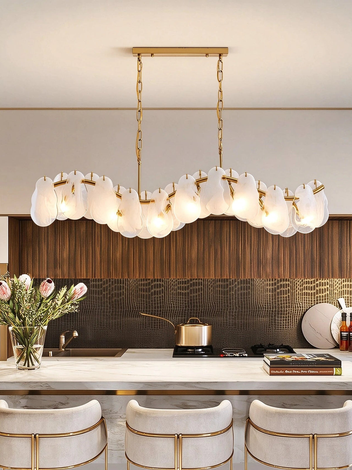 Modern Brass Feather Wave Art Glass Linear Chandelier in Open Plan Dining Setting
