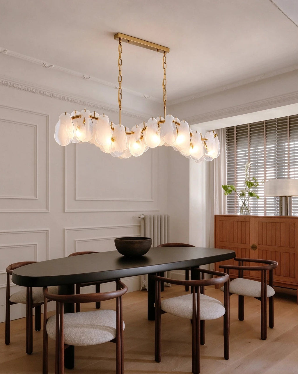Modern Feather Wave Art Glass Linear Chandelier in Minimalist Dining Room