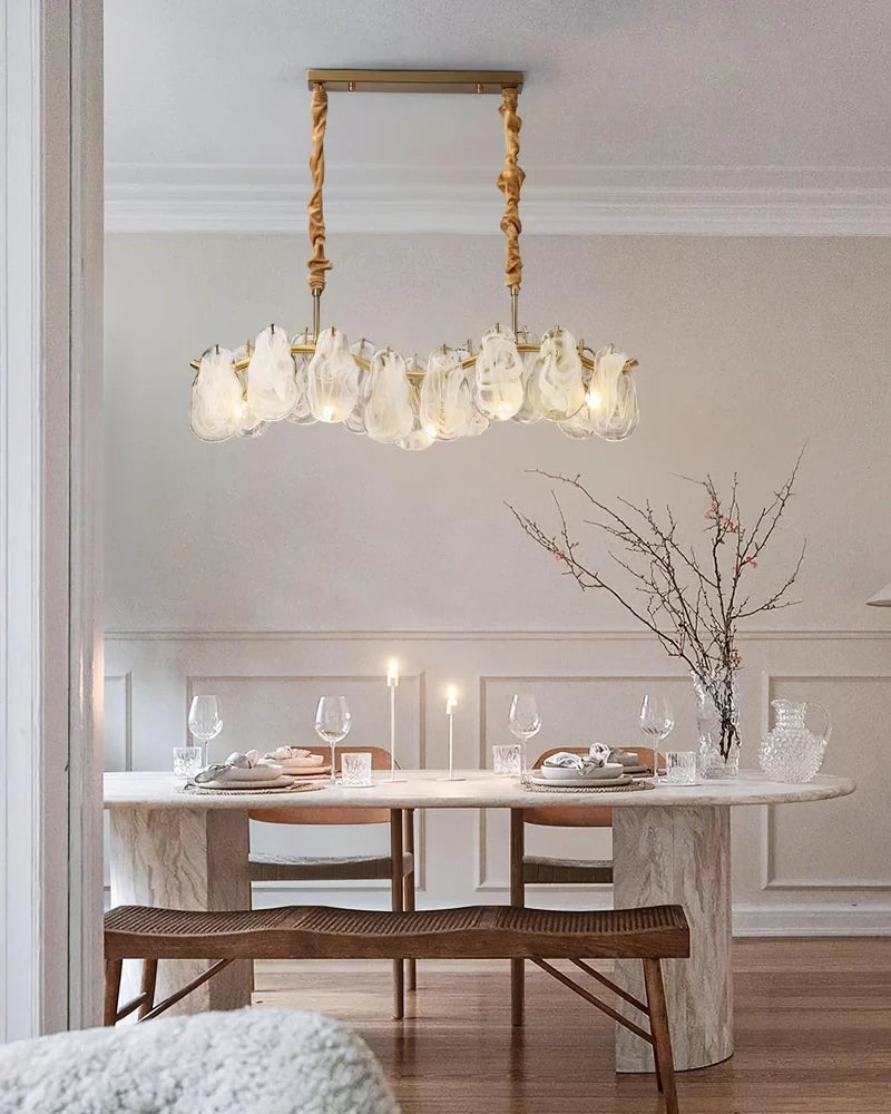 Modern Feather Wave Art Glass Linear Chandelier in Open Plan Dining Setting