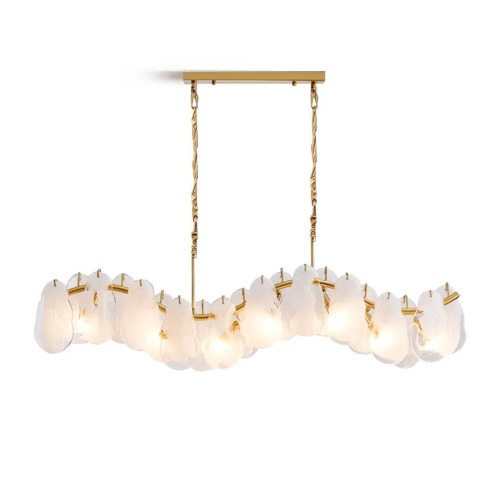 Modern Brass and Wave Art Glass Linear Chandelier with Gold Canopy on Pure White Background