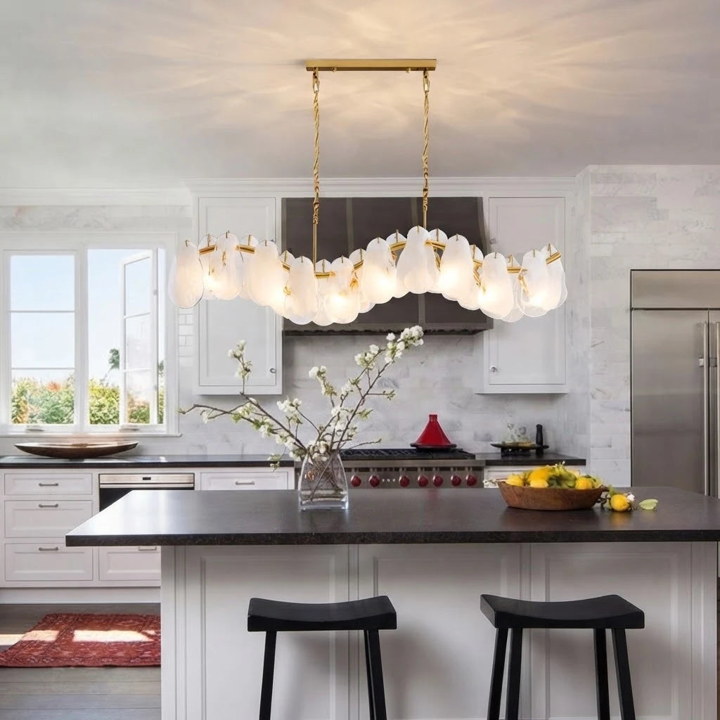 Modern Brass Wave Art Glass Linear Chandelier Over Kitchen Breakfast Bar