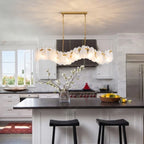 Modern Brass Wave Art Glass Linear Chandelier Over Kitchen Breakfast Bar