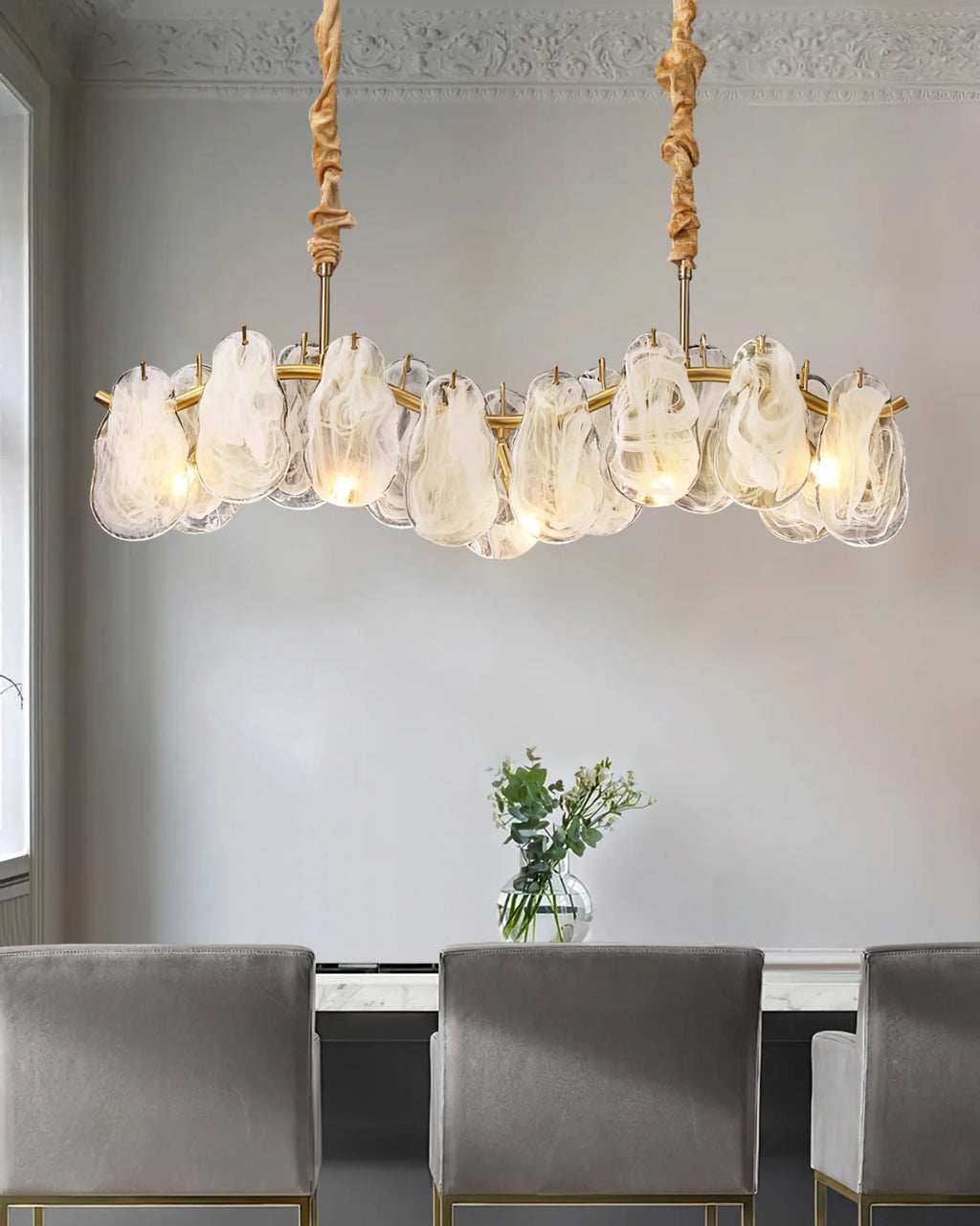 Illuminated Modern Brass Wave Art Glass Linear Chandelier Studio Shot