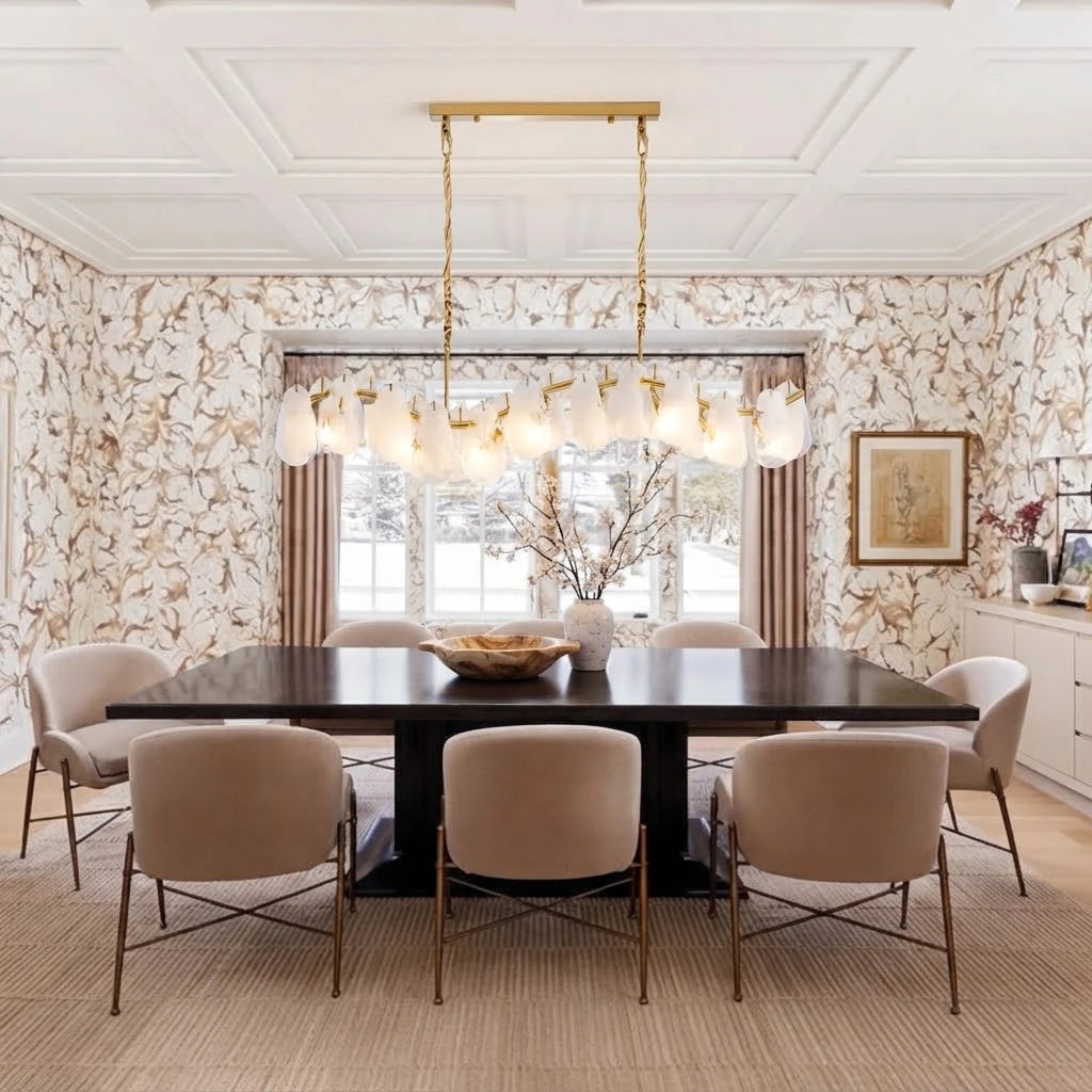 Modern Wave Art Glass Linear Chandelier in Open Plan Dining Setting
