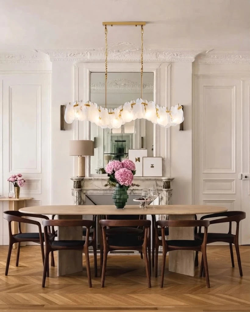 Modern Brass Wave Art Glass Linear Chandelier in Formal Dining Room