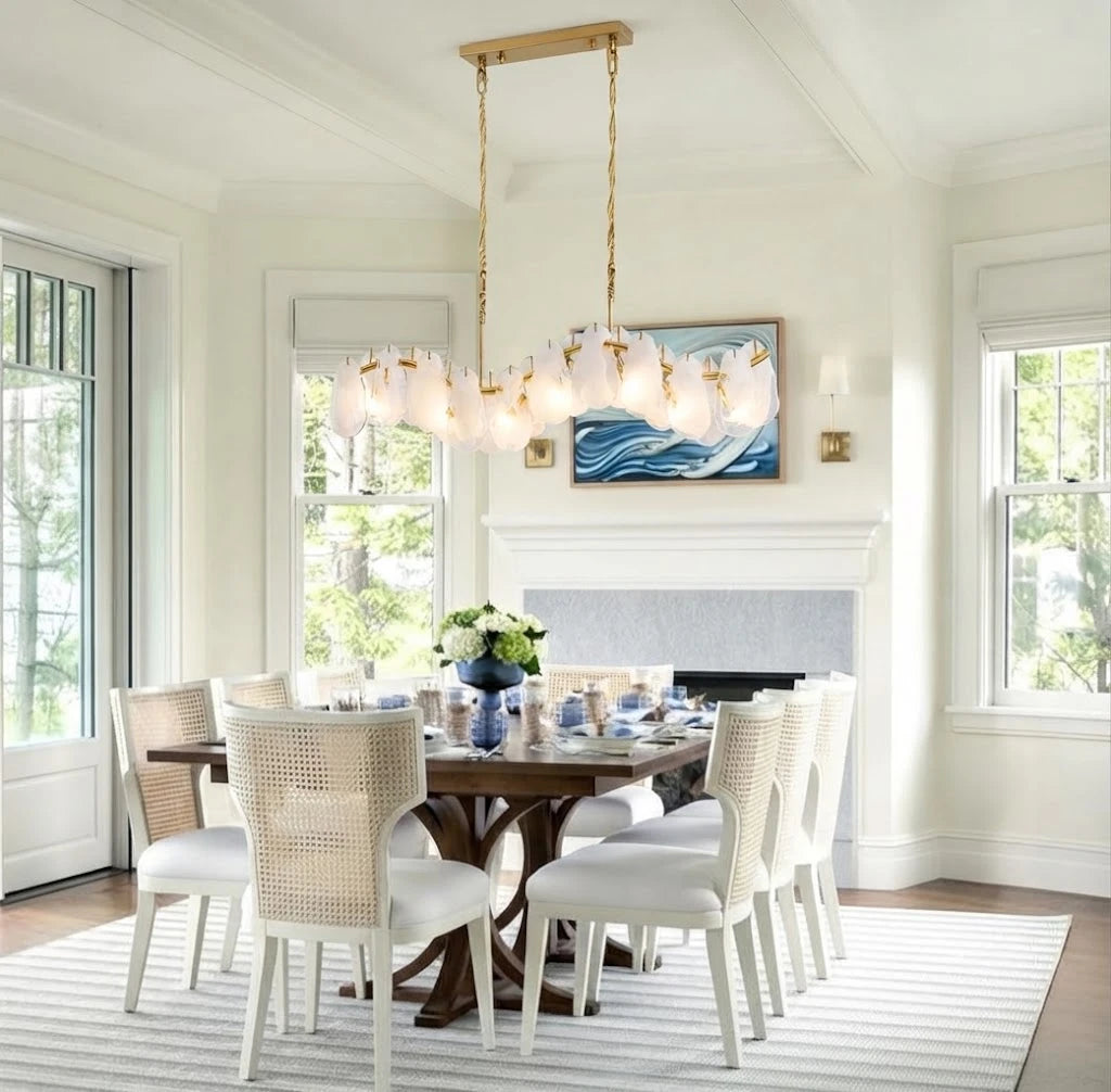 Modern Brass Wave Art Glass Linear Chandelier in Elegant Dining Area