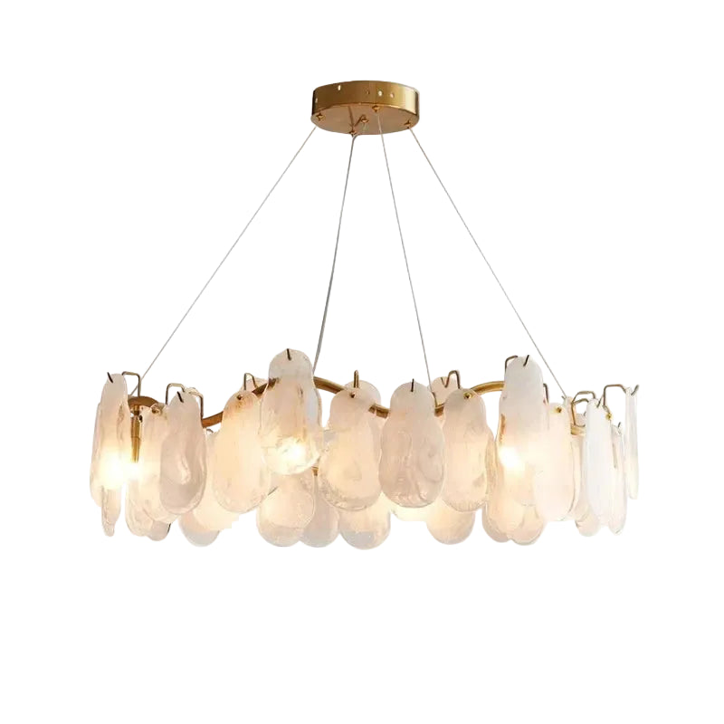 Modern Brass and Feather Wave Art Glass Chandelier with Gold Canopy on Pure White Background