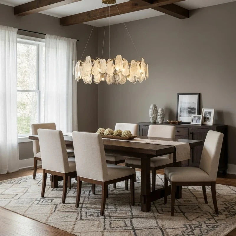Modern Brass Feather Wave Chandelier in Classic Dining Setting