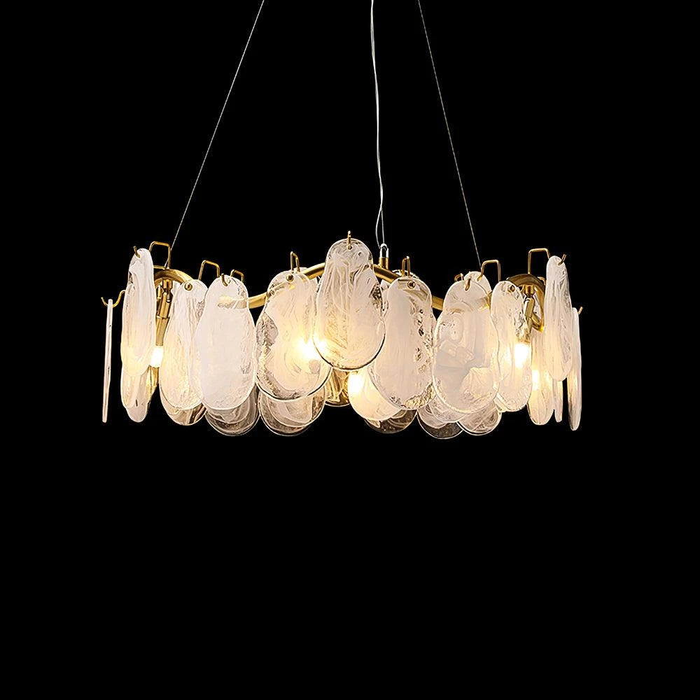Illuminated Modern Feather Wave Art Glass Chandelier Studio Shot on Dark Background